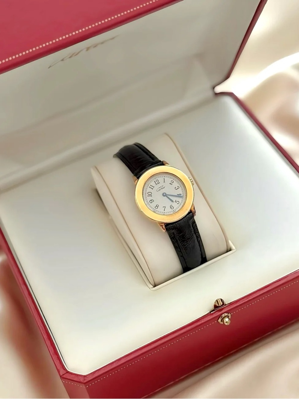 AUTHENTIC VINTAGE CARTIER BLACK LEATHER WATCH - WITH BOX